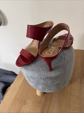 Calvin Klein Red Patent Open-Toe Slingback Heels